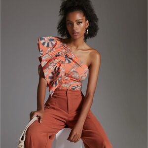 Anthropologie Tangerine Floral Asymmetrical Crop Top